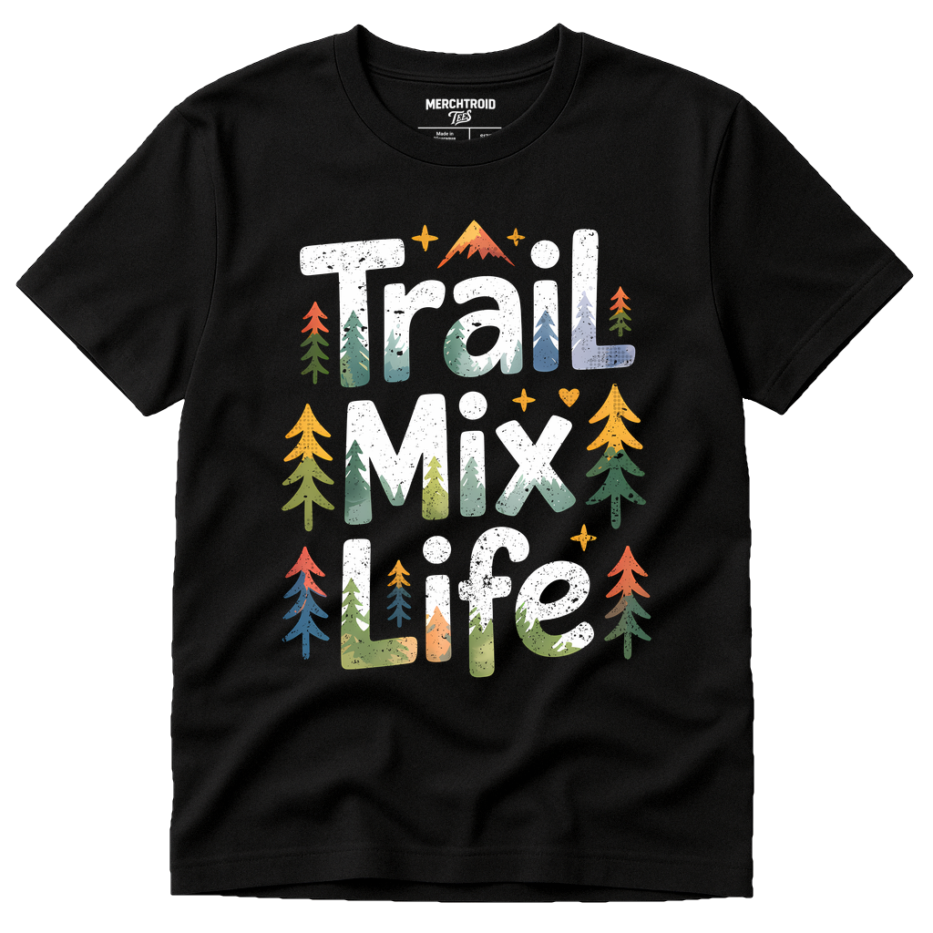 Black Hiking Shirts Women - "Trail Mix Life" graphic tee with gray print, flat lay product photo