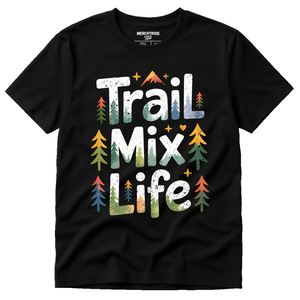 Black Hiking Shirts Women - "Trail Mix Life" graphic tee with gray print, flat lay product photo