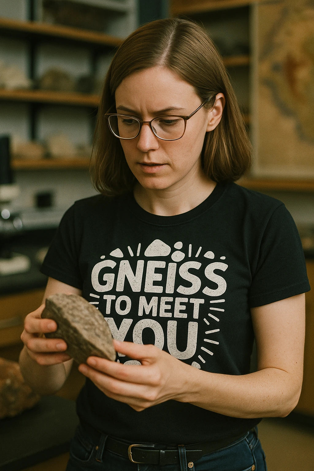 "Gneiss To Meet You" black geology t shirt, photographed as gifts for geology lovers