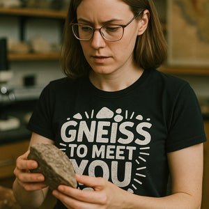 "Gneiss To Meet You" black geology t shirt, photographed as gifts for geology lovers