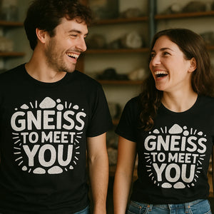 Person wearing the black geology t shirt graphic tee - "Gneiss To Meet You" design