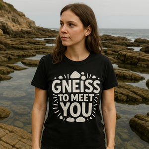 Lifestyle shot of the "Gneiss To Meet You" black geology t shirt in a real-world setting