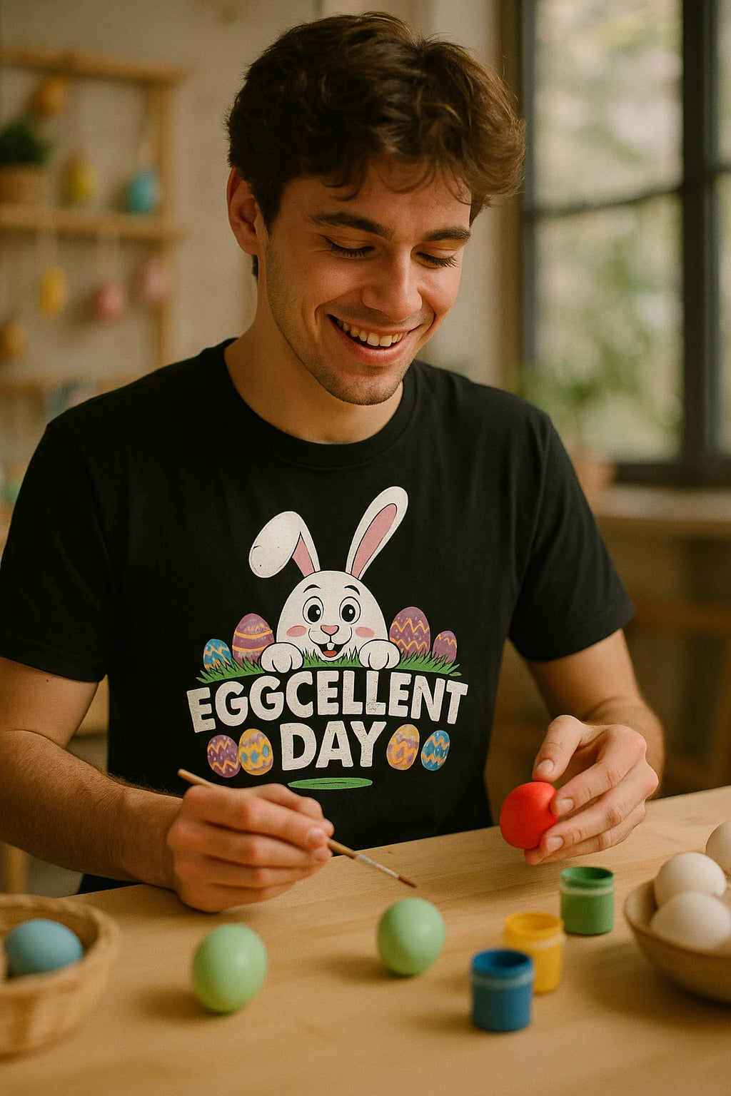 A person with short brown hair is smiling while painting eggs at a table. They are holding a red egg and a paintbrush. The person is wearing a black T-shirt with a graphic of a bunny and colorful eggs. The room has a bright, cozy atmosphere with windows in the background.