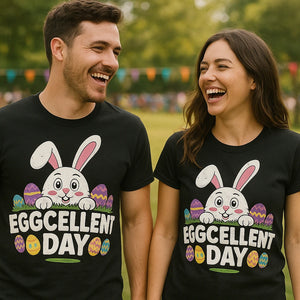 Person wearing the black funny easter t shirts graphic tee - "Eggcellent Day" design