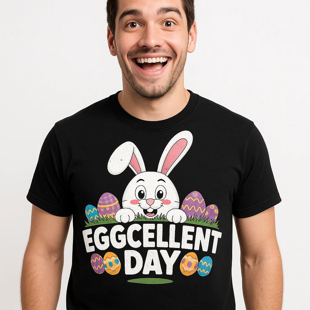 A person wearing a black T-shirt with a design featuring a cartoon bunny surrounded by colorful Easter eggs. The person is smiling broadly.