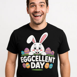 Close-up of the "Eggcellent Day" white print on a premium Bella+Canvas black funny easter t shirts