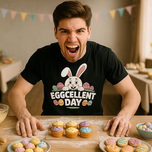 Lifestyle shot of the "Eggcellent Day" black funny easter t shirts in a real-world setting
