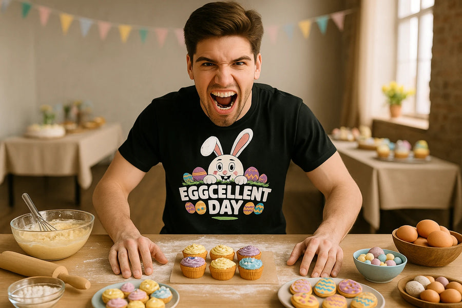 A person with short dark hair is enthusiastically yelling or cheering at a table filled with colorful cupcakes and cookies. They are wearing a black t-shirt with a cartoon rabbit peeking over decorated Easter eggs, and the text "EGGCELLENT DAY" is written on it. The background includes a softly lit room with tables decorated for a festive occasion.