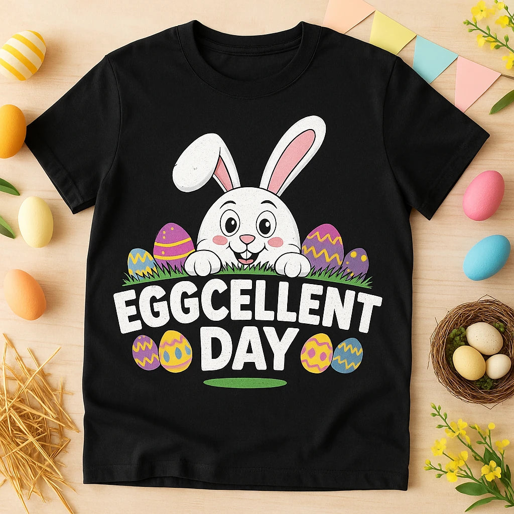 A black T-shirt featuring a cartoon bunny with pink ears peeking over grass, surrounded by colorful Easter eggs. The phrase "EGGCELLENT DAY" is printed in bold white letters below the bunny. The shirt is laid on a wooden surface, surrounded by decorative pastel-colored eggs, straw, and spring flowers.