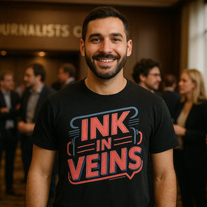 Lifestyle shot of the "Ink in Veins" black journalist t shirt in a real-world setting