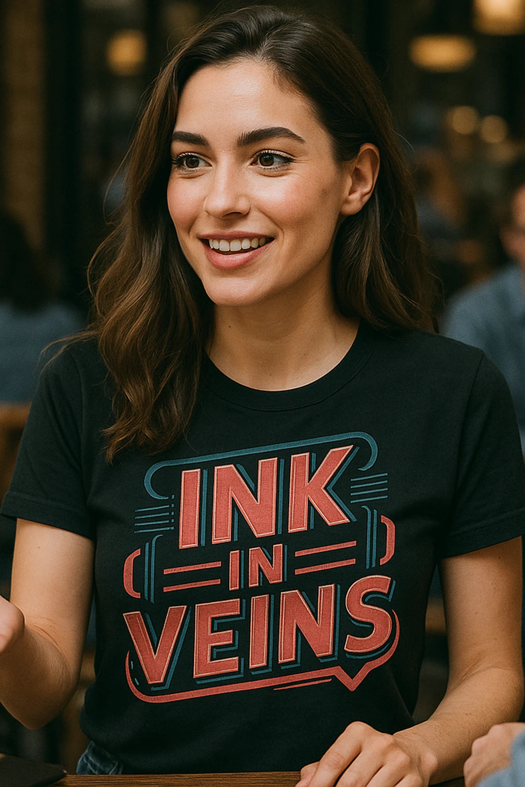 "Ink in Veins" black journalist t shirt, photographed as journalist lover gift