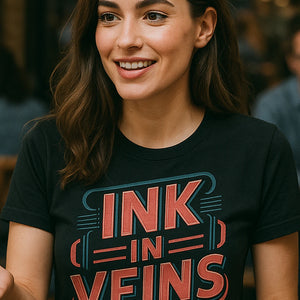 "Ink in Veins" black journalist t shirt, photographed as journalist lover gift