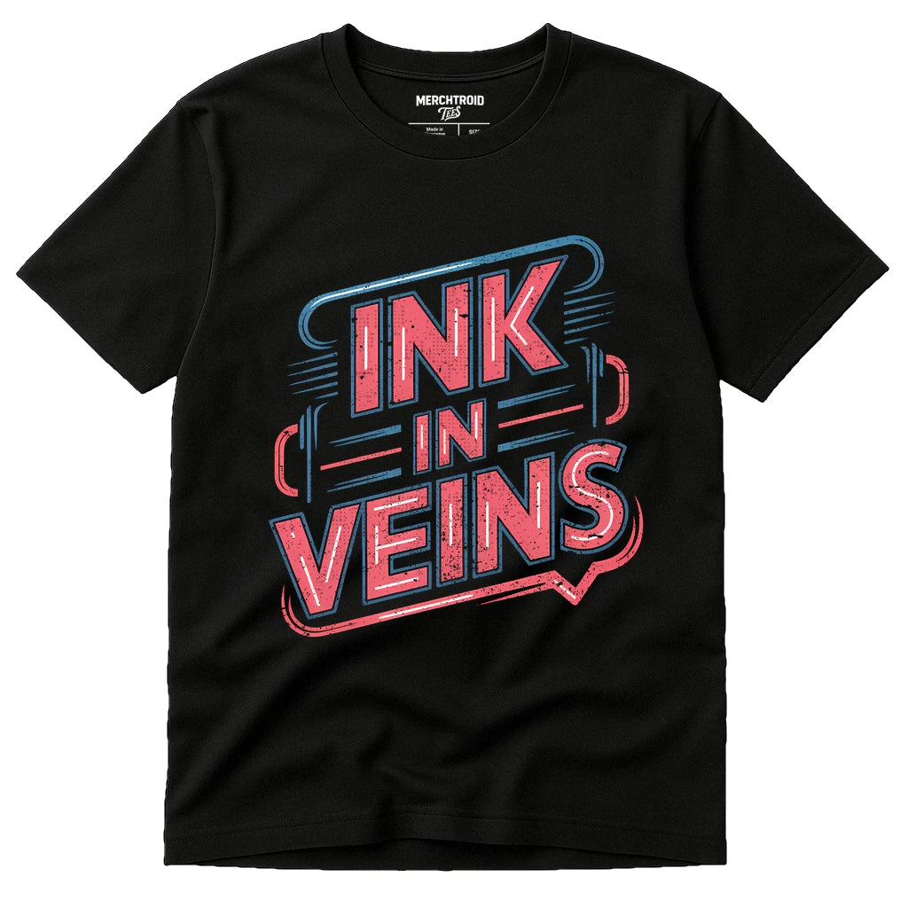Black Journalist T Shirt - "Ink in Veins" graphic tee with pink print, flat lay product photo