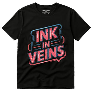 Black Journalist T Shirt - "Ink in Veins" graphic tee with pink print, flat lay product photo