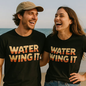 Person wearing the black sun protection shirts for swimming graphic tee - "Water Wing It" design