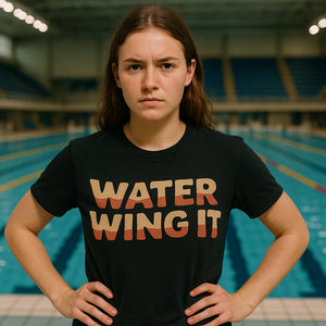 Lifestyle shot of the "Water Wing It" black sun protection shirts for swimming in a real-world setting