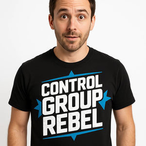 Close-up of the "Control Group Rebel" white print on a premium Bella+Canvas black scientist shirts