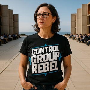 Lifestyle shot of the "Control Group Rebel" black scientist shirts in a real-world setting