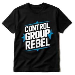 Black Scientist Shirts - "Control Group Rebel" graphic tee with white print, flat lay product photo