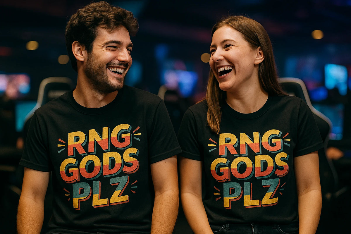 Person wearing the black video game tees graphic tee - "Rng Gods Plz" design