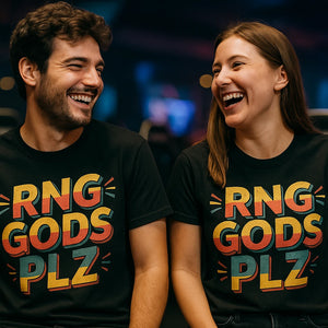 Person wearing the black video game tees graphic tee - "Rng Gods Plz" design