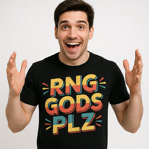 Close-up of the "Rng Gods Plz" gold print on a premium Bella+Canvas black video game tees