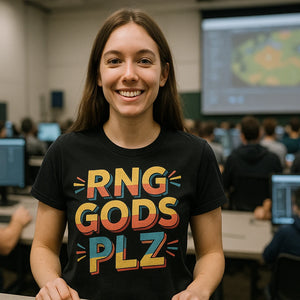 Lifestyle shot of the "Rng Gods Plz" black video game tees in a real-world setting
