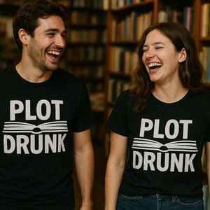 Person wearing the black reading teacher shirts graphic tee - "Plot Drunk" design