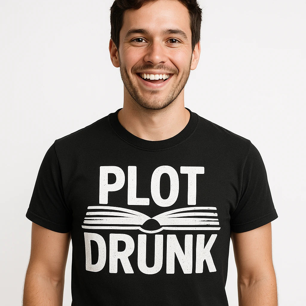 Close-up of the "Plot Drunk" white print on a premium Bella+Canvas black reading teacher shirts