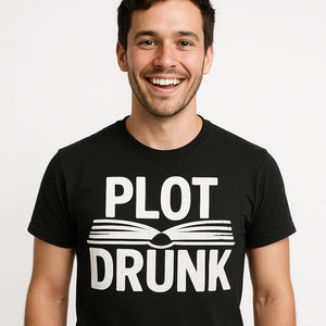 Close-up of the "Plot Drunk" white print on a premium Bella+Canvas black reading teacher shirts