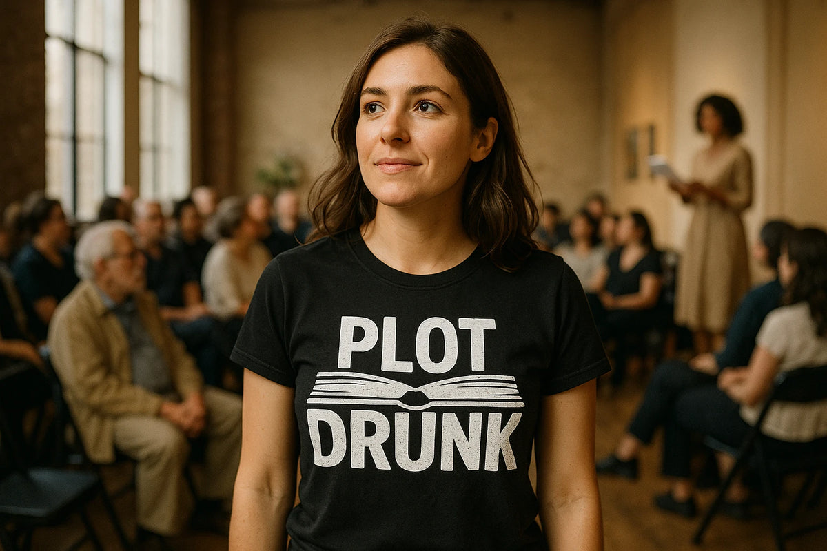 Lifestyle shot of the "Plot Drunk" black reading teacher shirts in a real-world setting