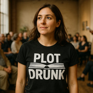 Lifestyle shot of the "Plot Drunk" black reading teacher shirts in a real-world setting