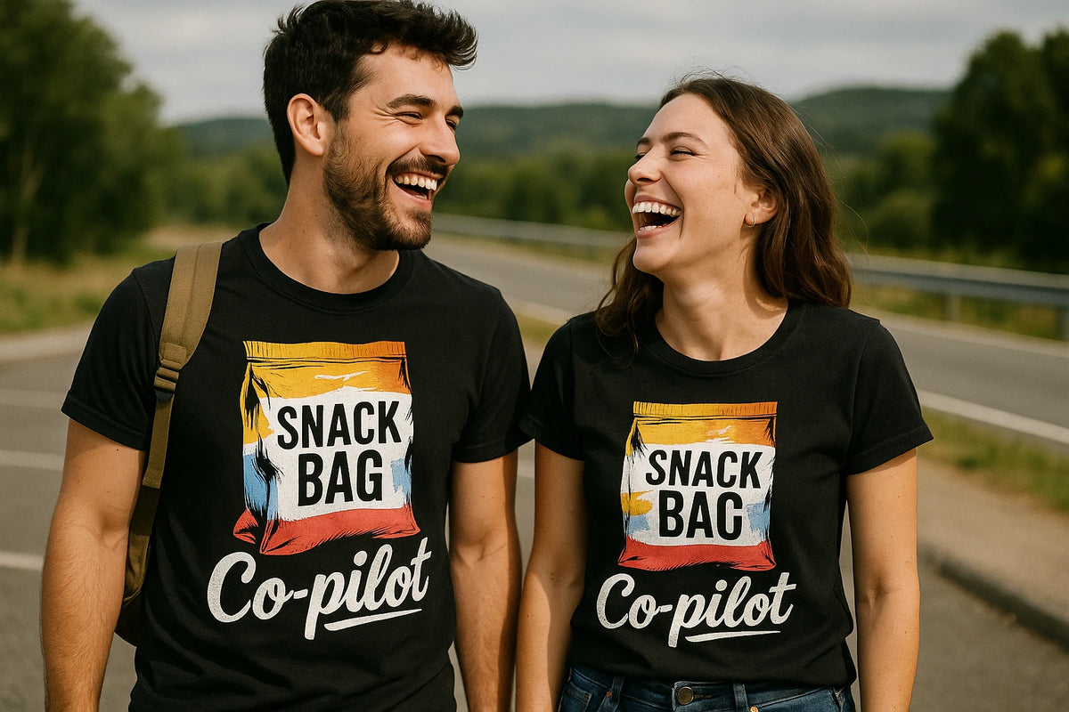 Person wearing the black road trip t shirt graphic tee - "Snack Bag Copilot" design