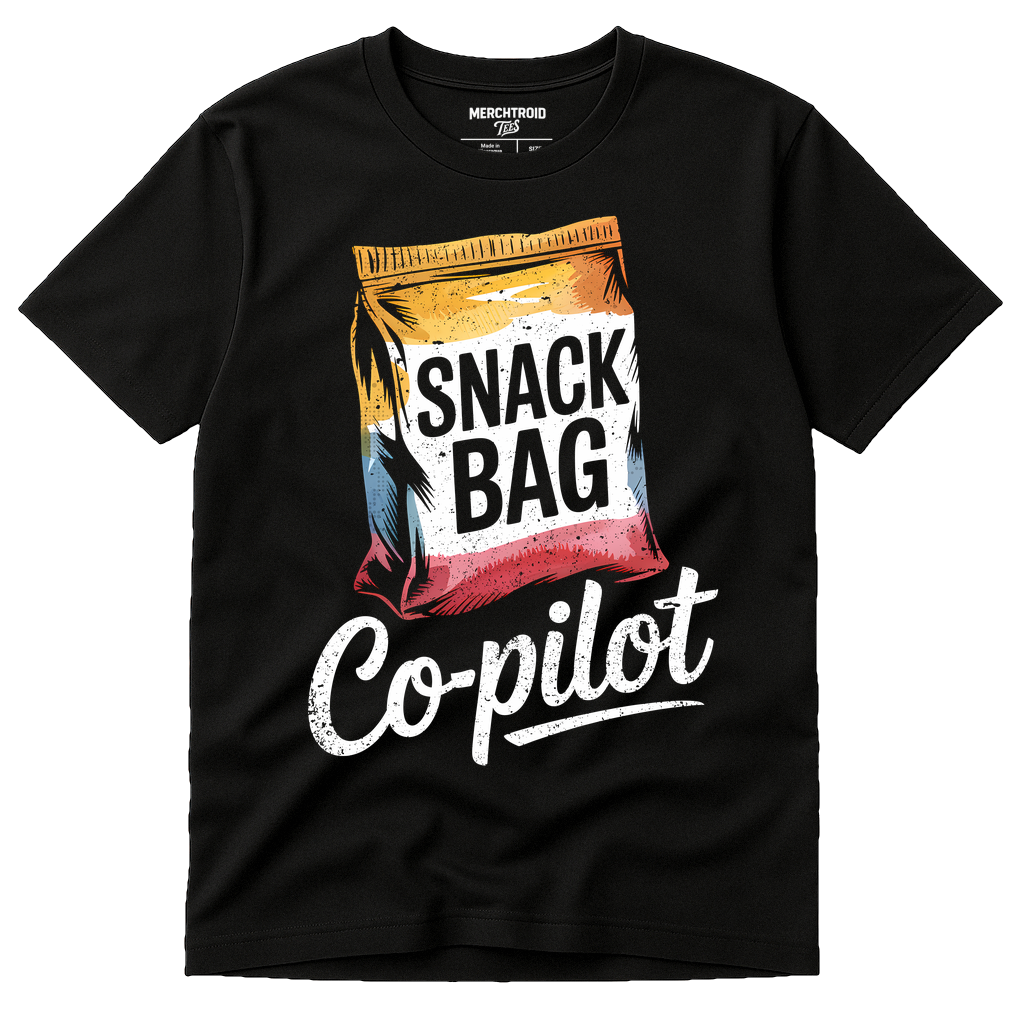 Black Road Trip T Shirt - "Snack Bag Copilot" graphic tee with white print, flat lay product photo