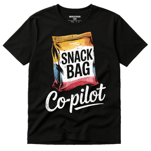 Black Road Trip T Shirt - "Snack Bag Copilot" graphic tee with white print, flat lay product photo