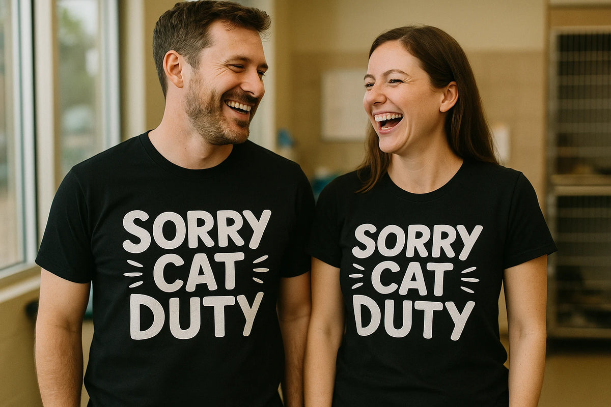 Person wearing the black veterinarian t shirt graphic tee - "Sorry Cat Duty" design