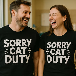 Person wearing the black veterinarian t shirt graphic tee - "Sorry Cat Duty" design