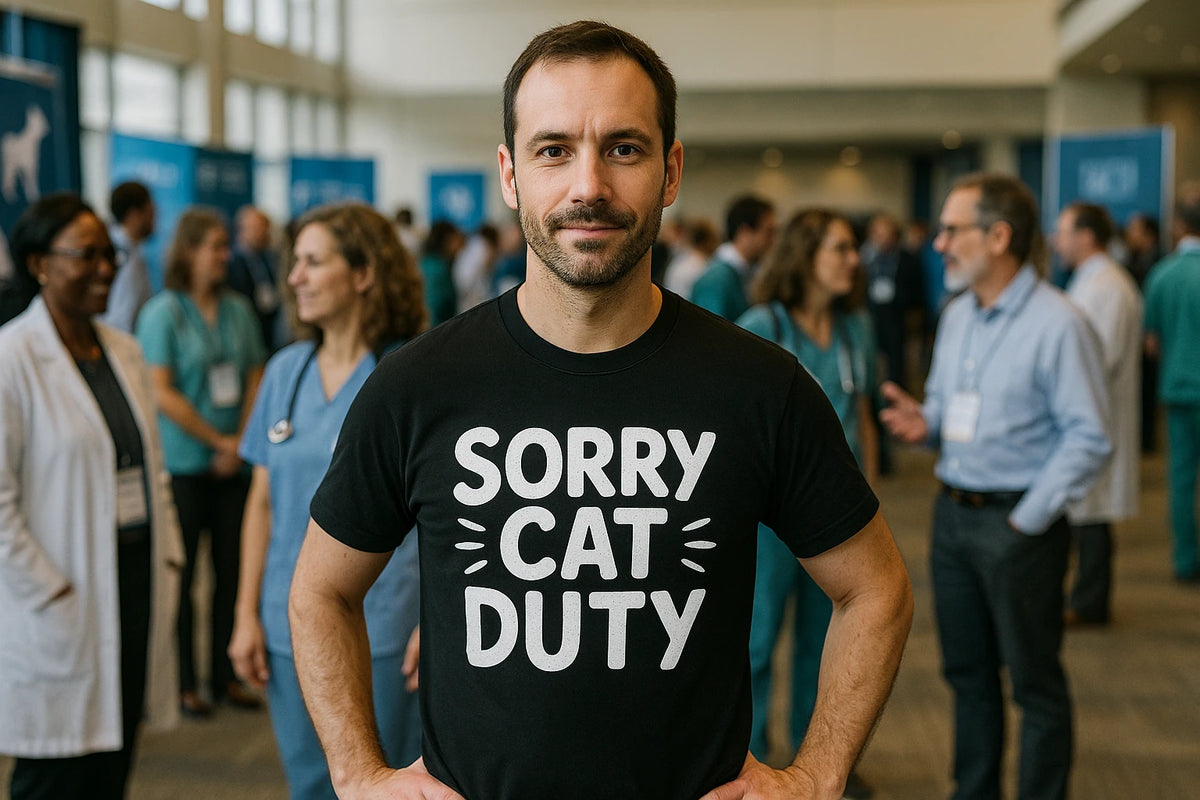 Lifestyle shot of the "Sorry Cat Duty" black veterinarian t shirt in a real-world setting