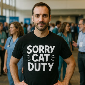 Lifestyle shot of the "Sorry Cat Duty" black veterinarian t shirt in a real-world setting