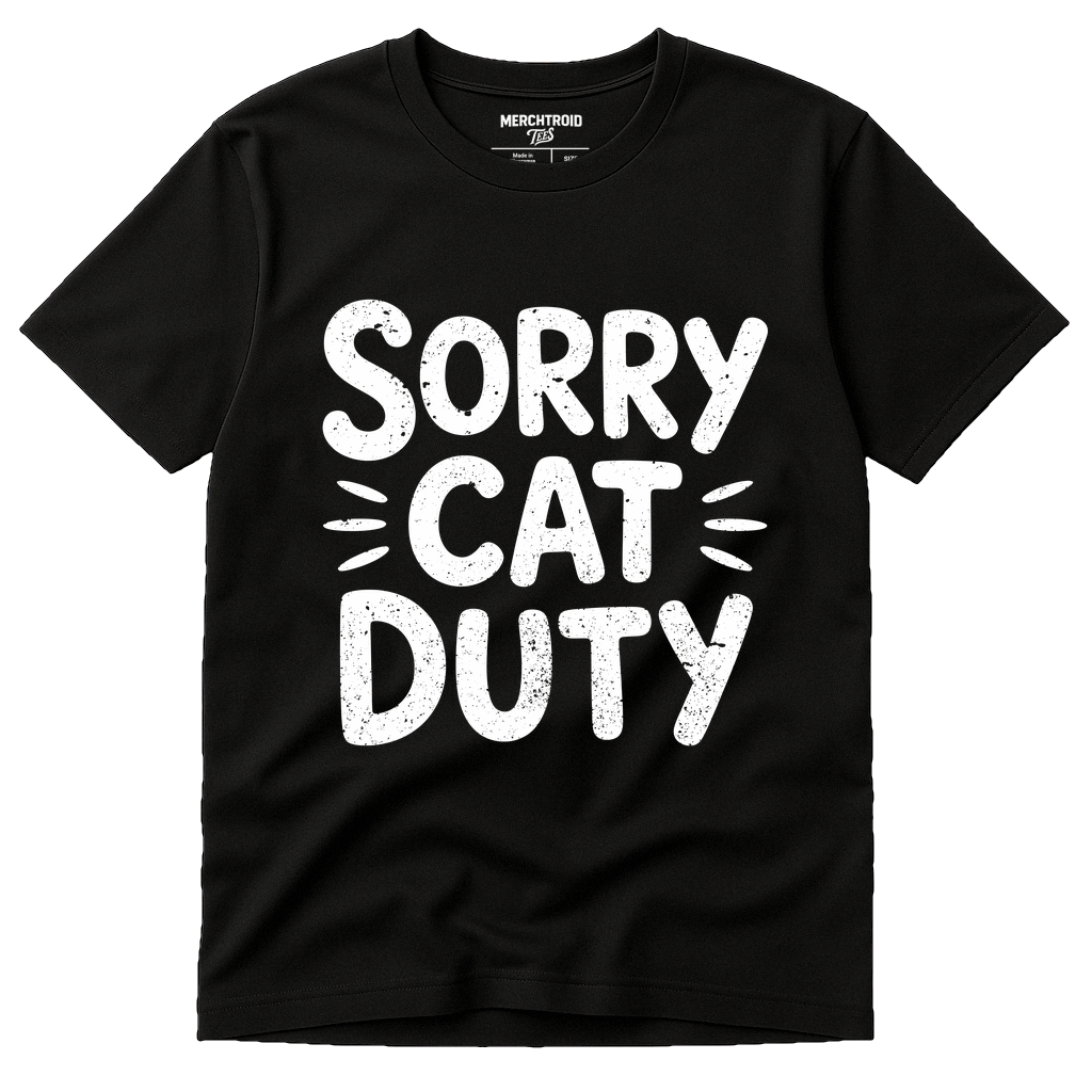 Black Veterinarian T Shirt - "Sorry Cat Duty" graphic tee with white print, flat lay product photo