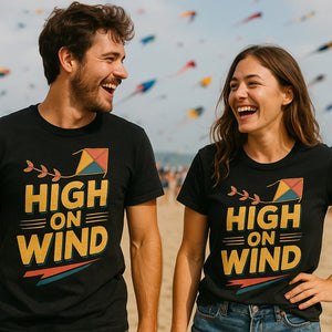 Person wearing the black kite flying t shirt graphic tee - "High on Wind" design