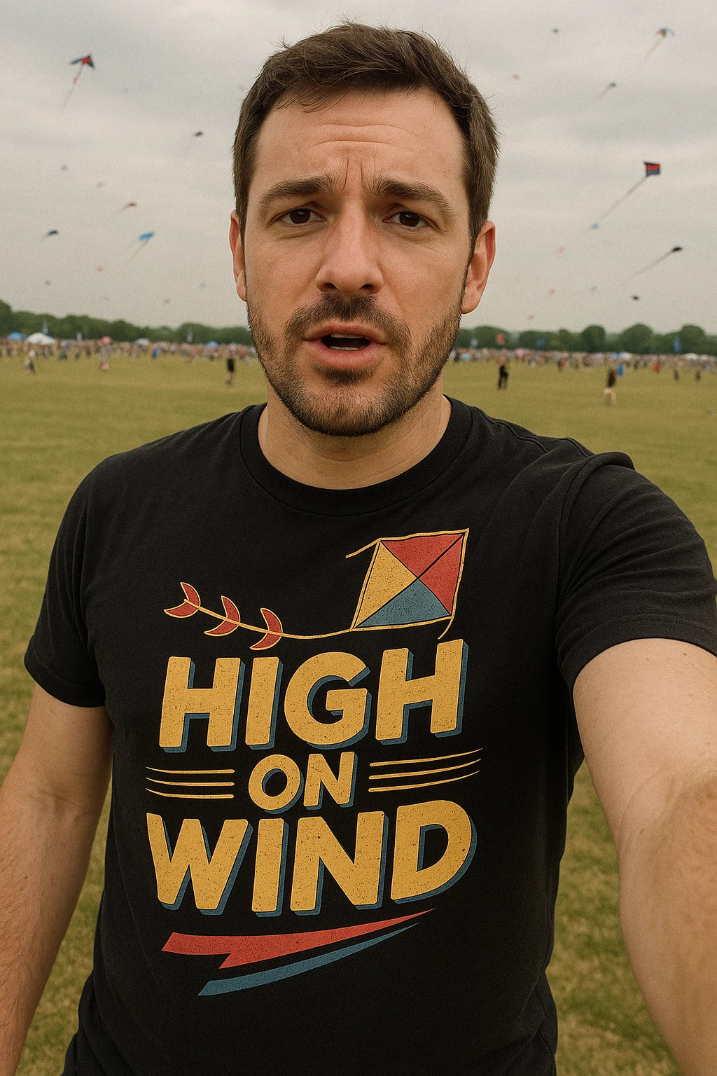 "High on Wind" black kite flying t shirt, photographed as kite flying gift