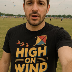 "High on Wind" black kite flying t shirt, photographed as kite flying gift