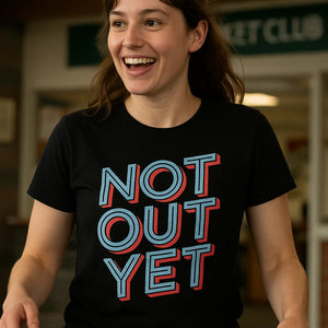 "Not Out Yet" black cricket shirts - also a unique gifts for cricket lovers