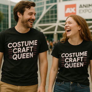 Person wearing the black cosplayers t shirt graphic tee - "Costume Craft Queen" design