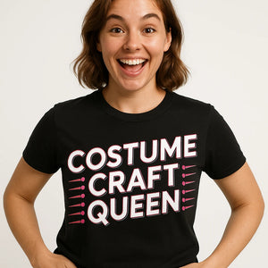 Close-up of the "Costume Craft Queen" white print on a premium Bella+Canvas black cosplayers t shirt