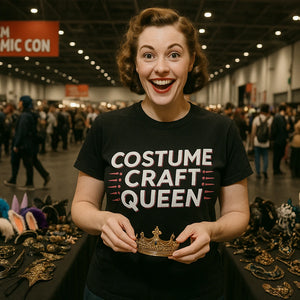 Lifestyle shot of the "Costume Craft Queen" black cosplayers t shirt in a real-world setting