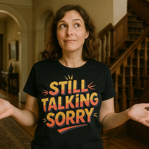 Lifestyle shot of the "Still Talking Sorry" black personalized travel guide in a real-world setting