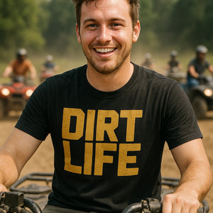 "Dirt Life" black atv t shirt, photographed as gifts for atv riders