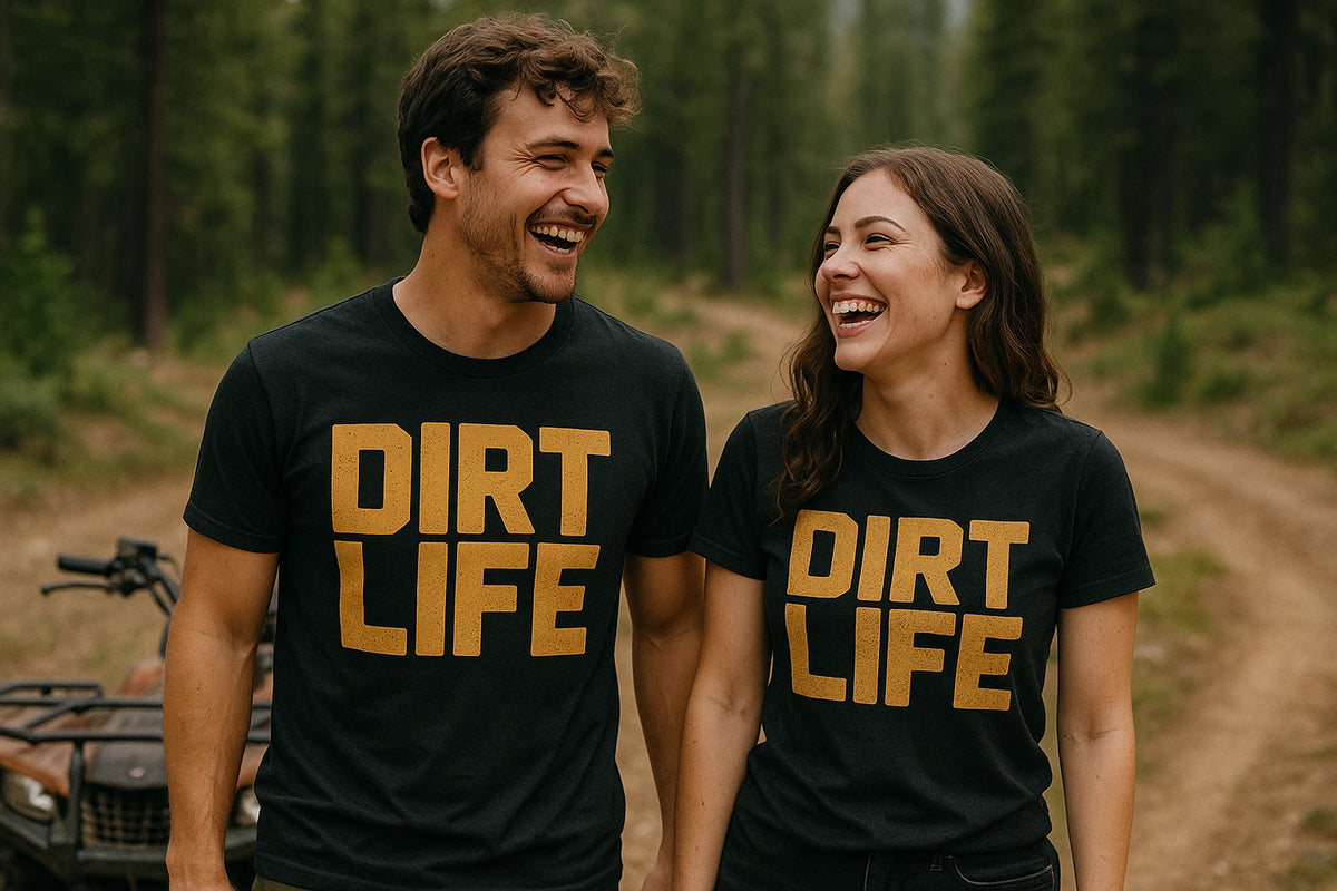Person wearing the black atv t shirt graphic tee - "Dirt Life" design